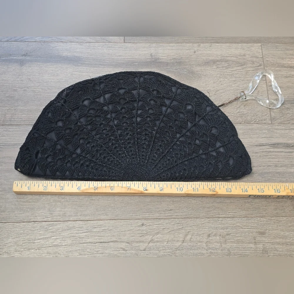 Vintage 1940's Large Half Moon Corded Clutch Purse Crochet Carved Lucite Pull - Picture 6 of 7